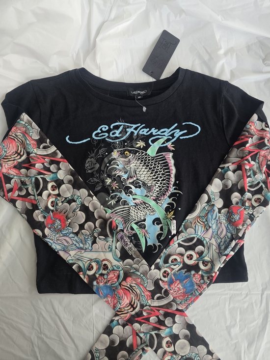 Ed Hardy Tops - Ed Hardy Black Long Sleeve Graphic Tee with Multicolor Tattoo Print